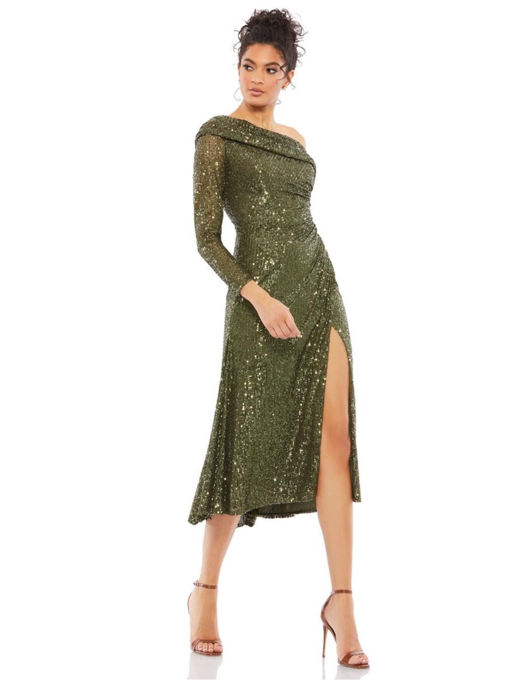 NET Mac Duggal Olive Green One-Shoulder Sequin Midi Dress - 2 - Style 26551